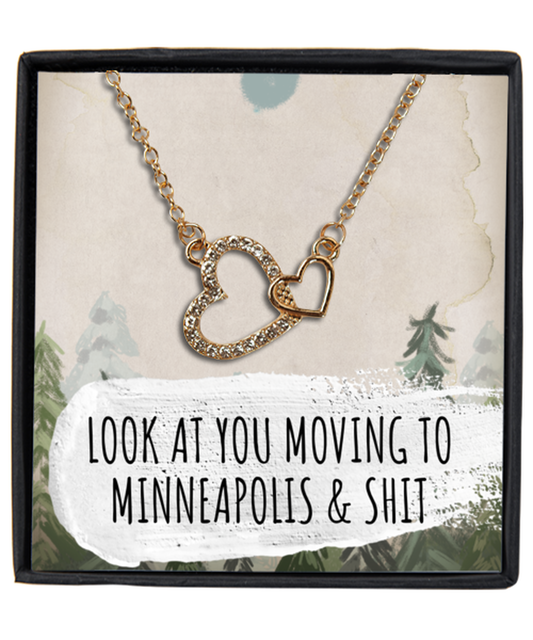 Moving to Minneapolis Minnesota Housewarming Gold Plated Heart Pendant Necklace, Funny Moving Away Message Card Jewelry