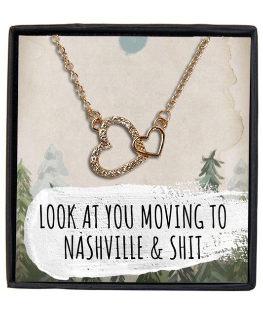 Moving to Nashville Tennessee Housewarming Gold Plated Heart Pendant Necklace, Funny Moving Away Message Card Jewelry