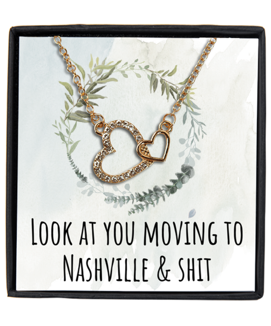 Moving to Nashville Tennessee Housewarming Gold Plated Heart Pendant Necklace, Funny Moving Away Message Card Jewelry