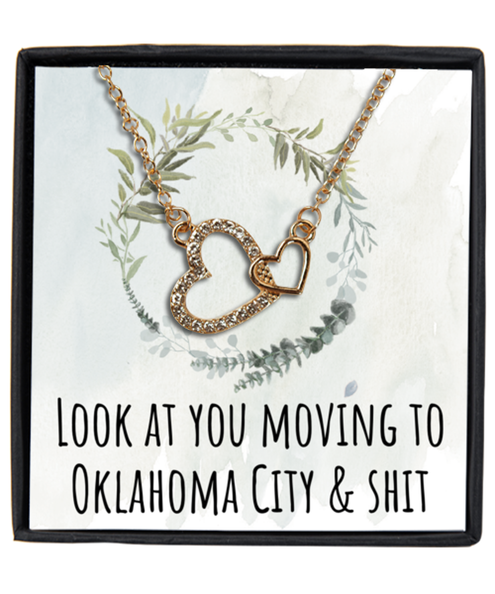 Moving to Oklahoma City Oklahoma Housewarming Gold Plated Heart Pendant Necklace, Funny Moving Away Message Card Jewelry