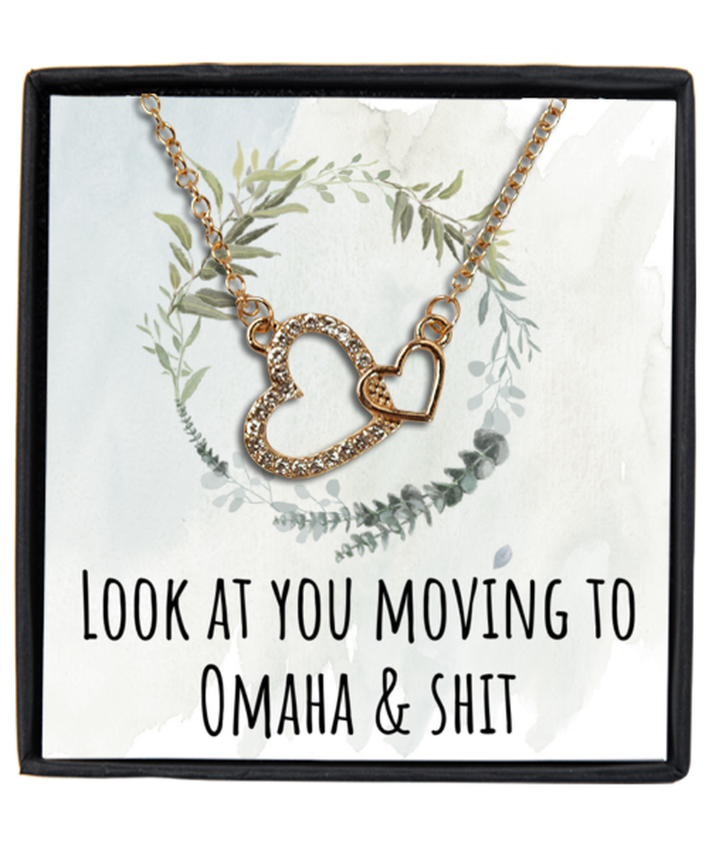 Moving to Omaha Nebraska Housewarming Gold Plated Heart Pendant Necklace, Funny Moving Away Message Card Jewelry