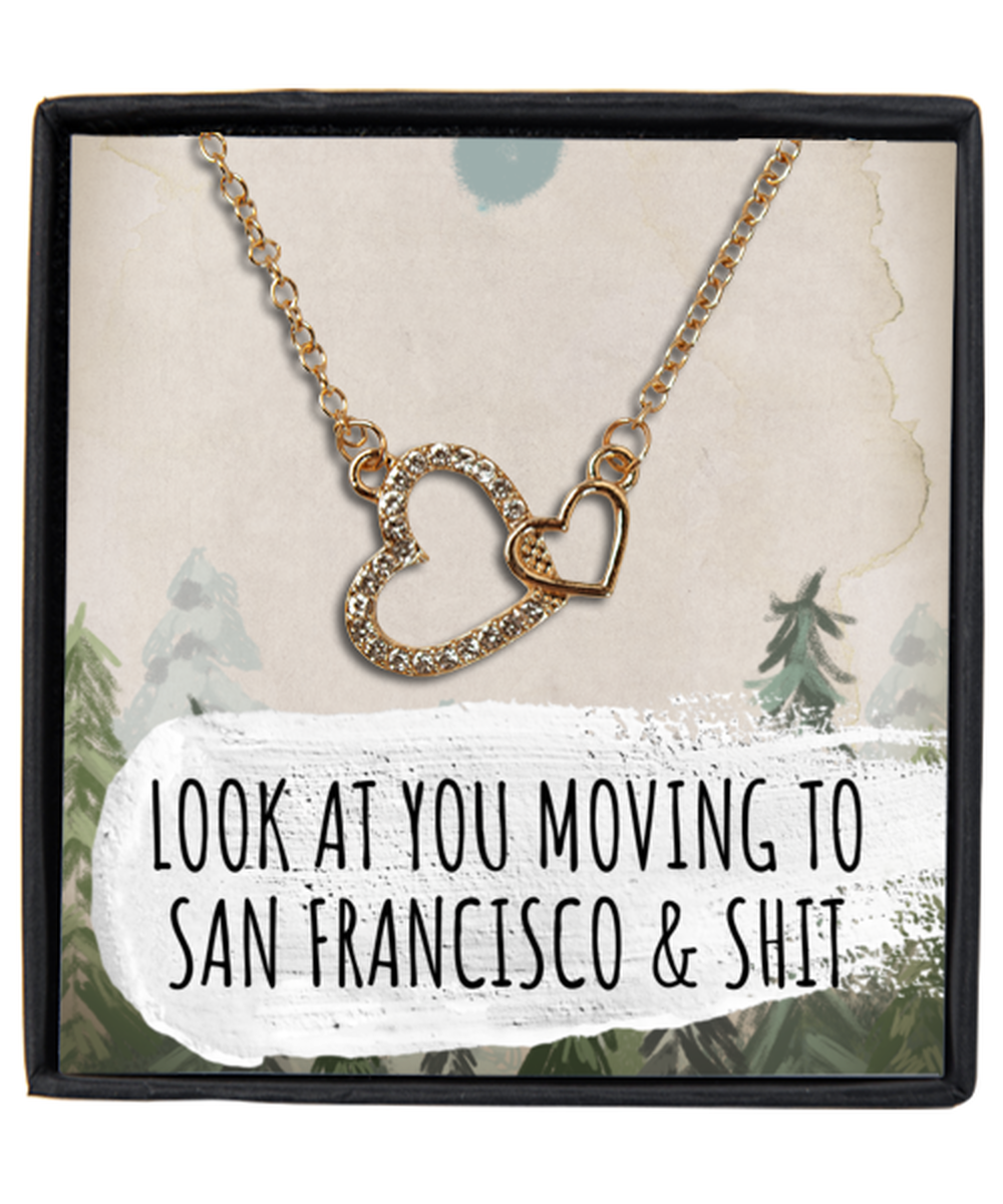 Moving to San Francisco California Housewarming Gold Plated Heart Pendant Necklace, Funny Moving Away Message Card Jewelry