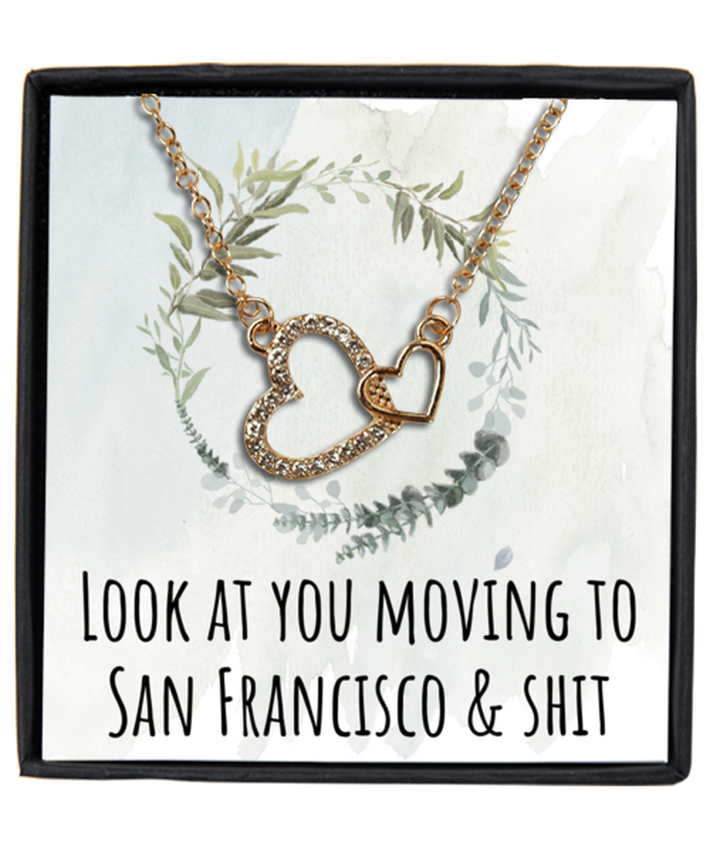 Moving to San Francisco California Housewarming Gold Plated Heart Pendant Necklace, Funny Moving Away Message Card Jewelry