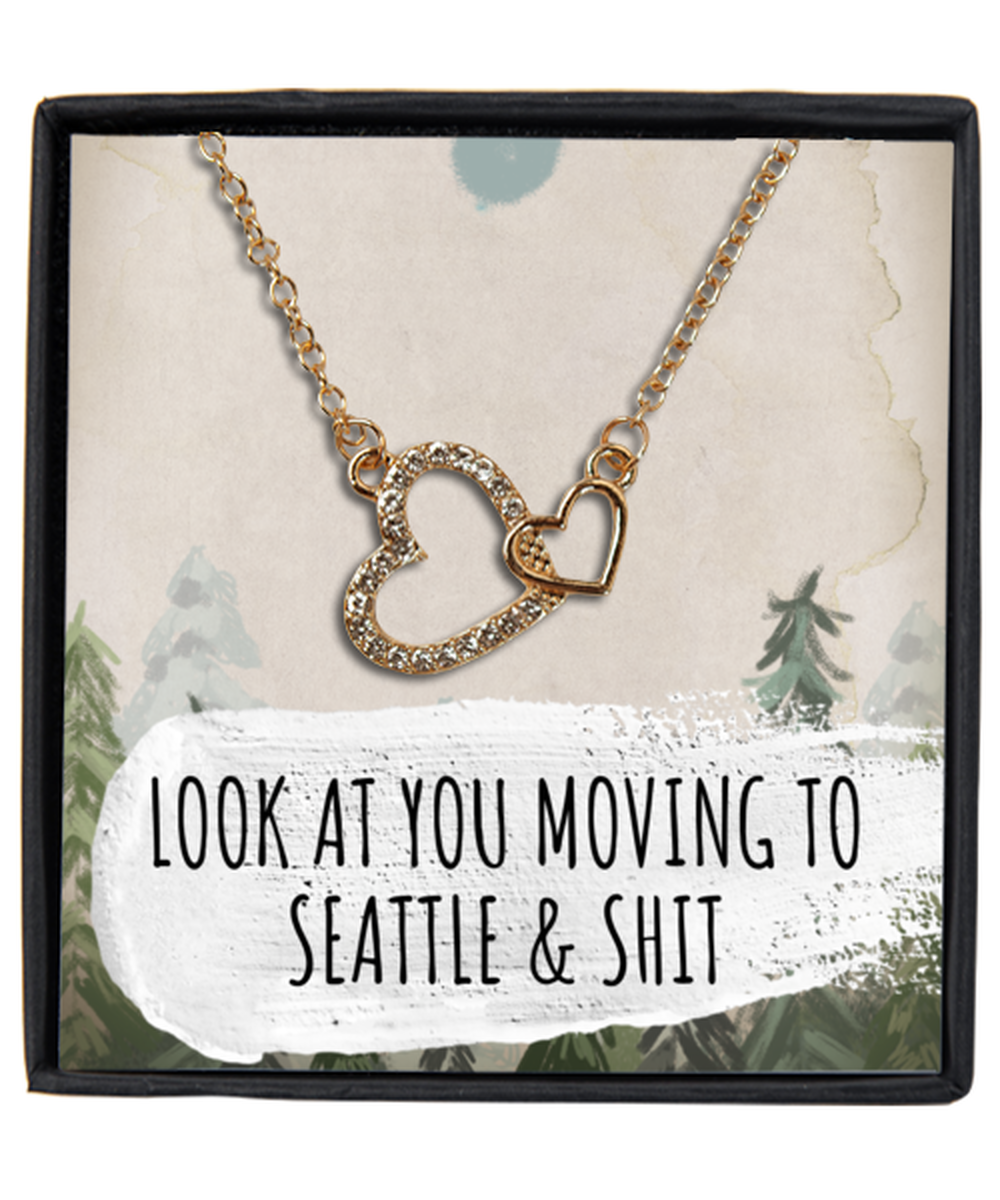 Moving to Seattle Washington Housewarming Gold Plated Heart Pendant Necklace, Funny Moving Away Message Card Jewelry