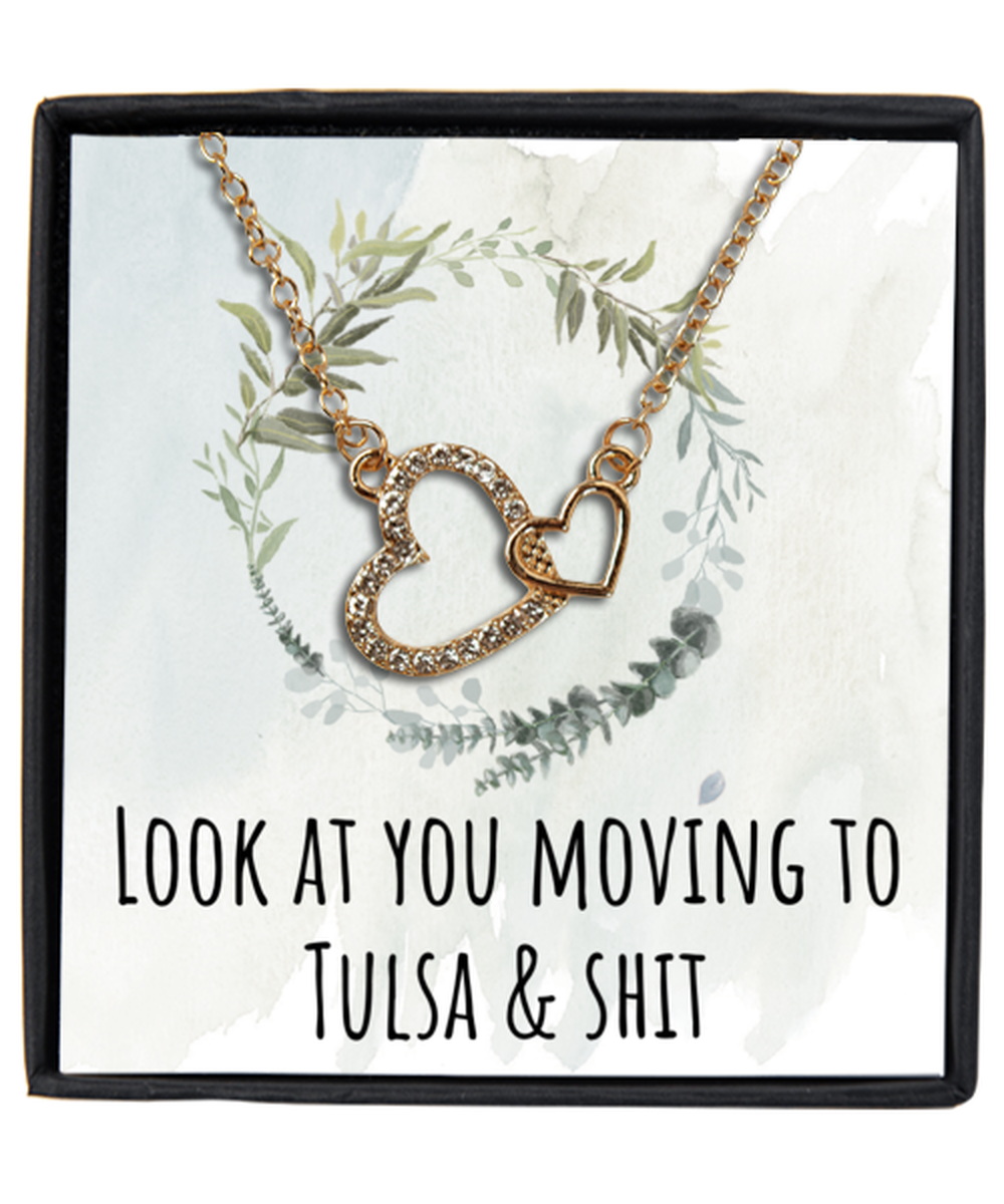 Moving to Tulsa Oklahoma Housewarming Gold Plated Heart Pendant Necklace, Funny Moving Away Message Card Jewelry