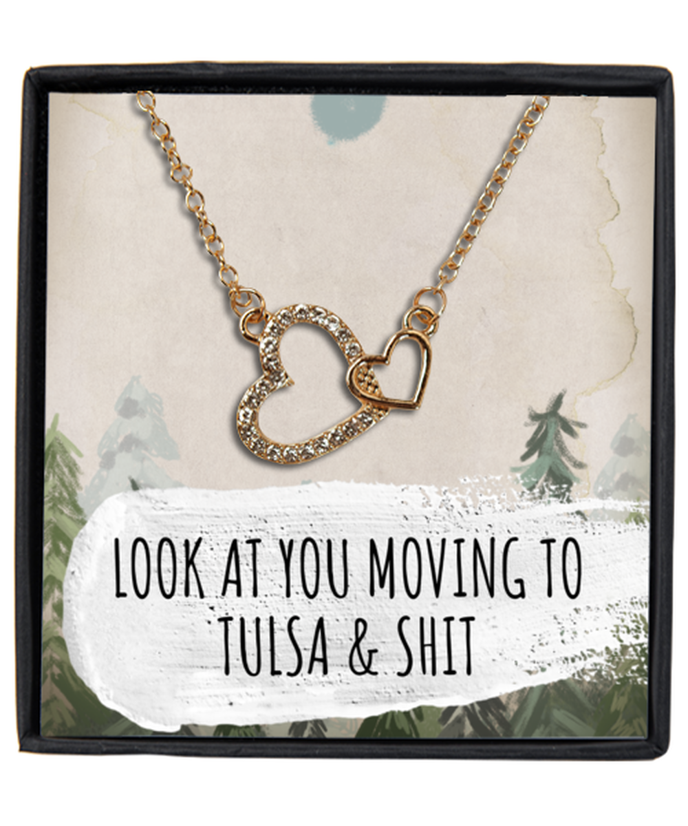 Moving to Tulsa Oklahoma Housewarming Gold Plated Heart Pendant Necklace, Funny Moving Away Message Card Jewelry