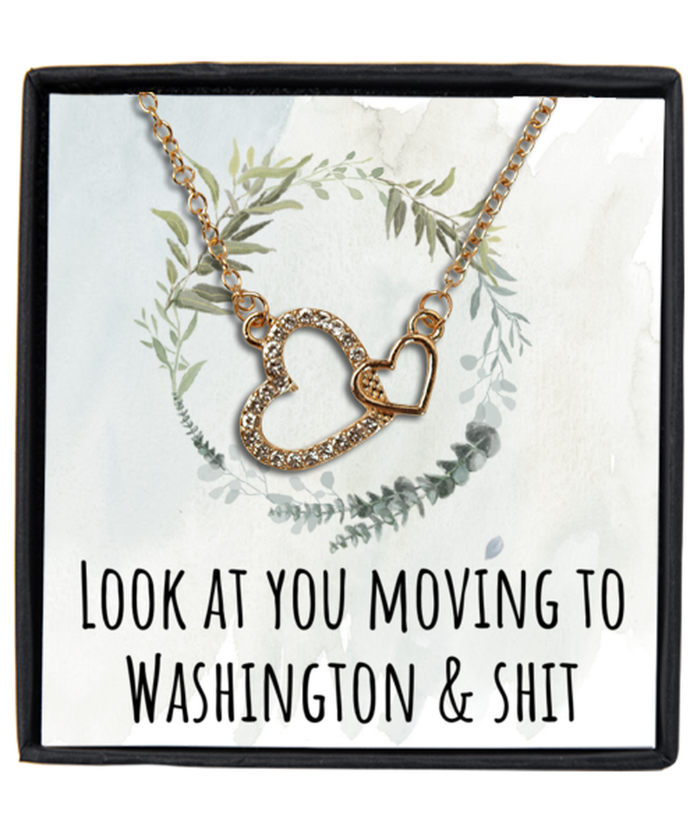 Moving to Washington District of Columbia DC Housewarming Gold Plated Heart Pendant Necklace, Funny Moving Away Message Card Jewelry