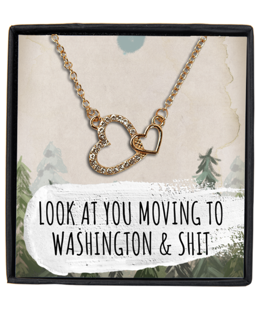 Moving to Washington District of Columbia DC Housewarming Gold Plated Heart Pendant Necklace, Funny Moving Away Message Card Jewelry