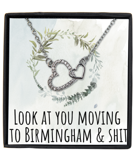 Moving to Birmingham United Kingdom UK England Moving Away Necklace Interlocking Heart Silver Pendant Jewelry Merch