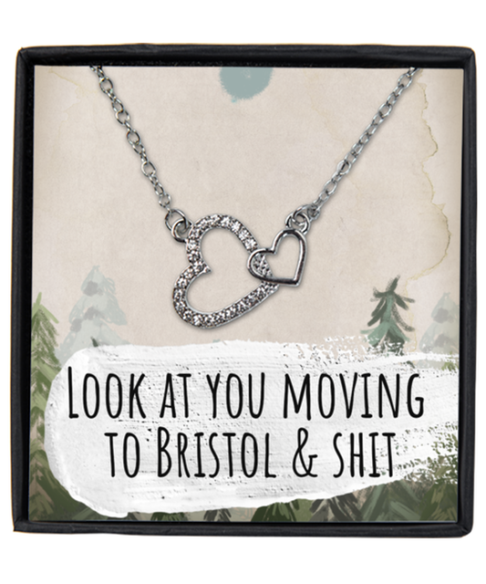 Moving to Bristol United Kingdom UK England Moving Away Necklace Interlocking Heart Silver Pendant Jewelry Merch