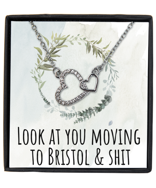 Moving to Bristol United Kingdom UK England Moving Away Necklace Interlocking Heart Silver Pendant Jewelry Merch