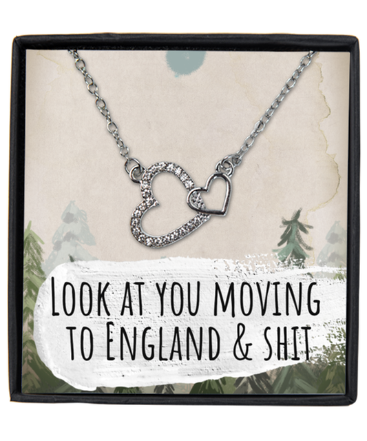 Moving to England United Kingdom UK Moving Away Necklace Interlocking Heart Silver Pendant Jewelry Merch