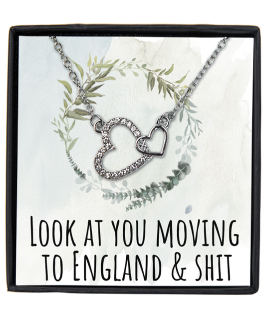 Moving to England United Kingdom UK Moving Away Necklace Interlocking Heart Silver Pendant Jewelry Merch