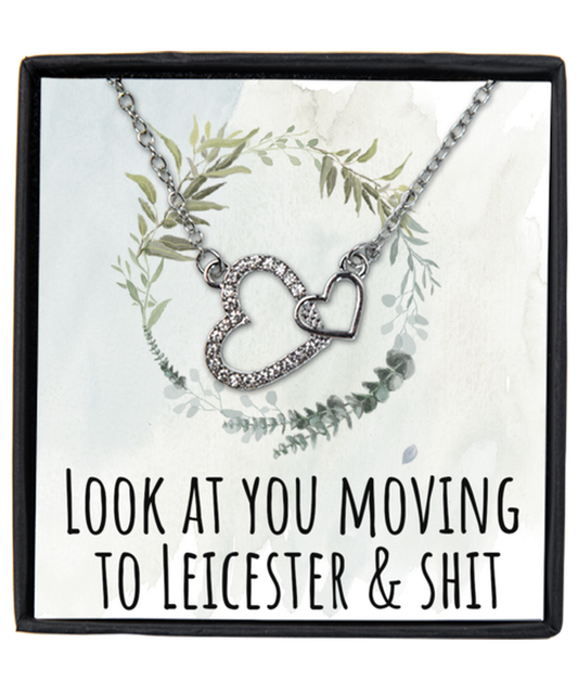 Moving to Leicester United Kingdom UK England Moving Away Necklace Interlocking Heart Silver Pendant Jewelry Merch