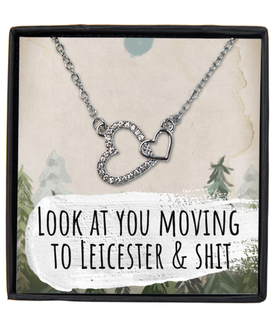 Moving to Leicester United Kingdom UK England Moving Away Necklace Interlocking Heart Silver Pendant Jewelry Merch