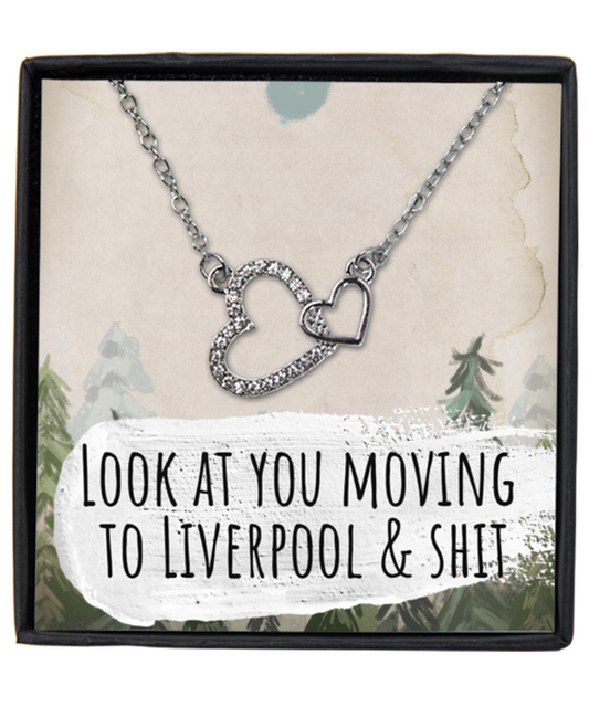 Moving to Liverpool United Kingdom UK England Moving Away Necklace Interlocking Heart Silver Pendant Jewelry Merch