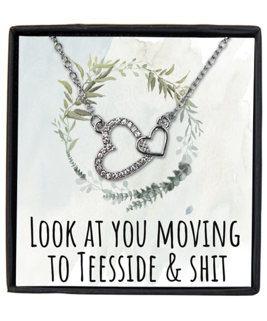 Moving to Teesside United Kingdom UK England Moving Away Necklace Interlocking Heart Silver Pendant Jewelry Merch