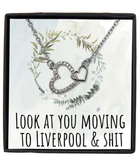 Moving to Liverpool United Kingdom UK England Moving Away Necklace Interlocking Heart Silver Pendant Jewelry Merch