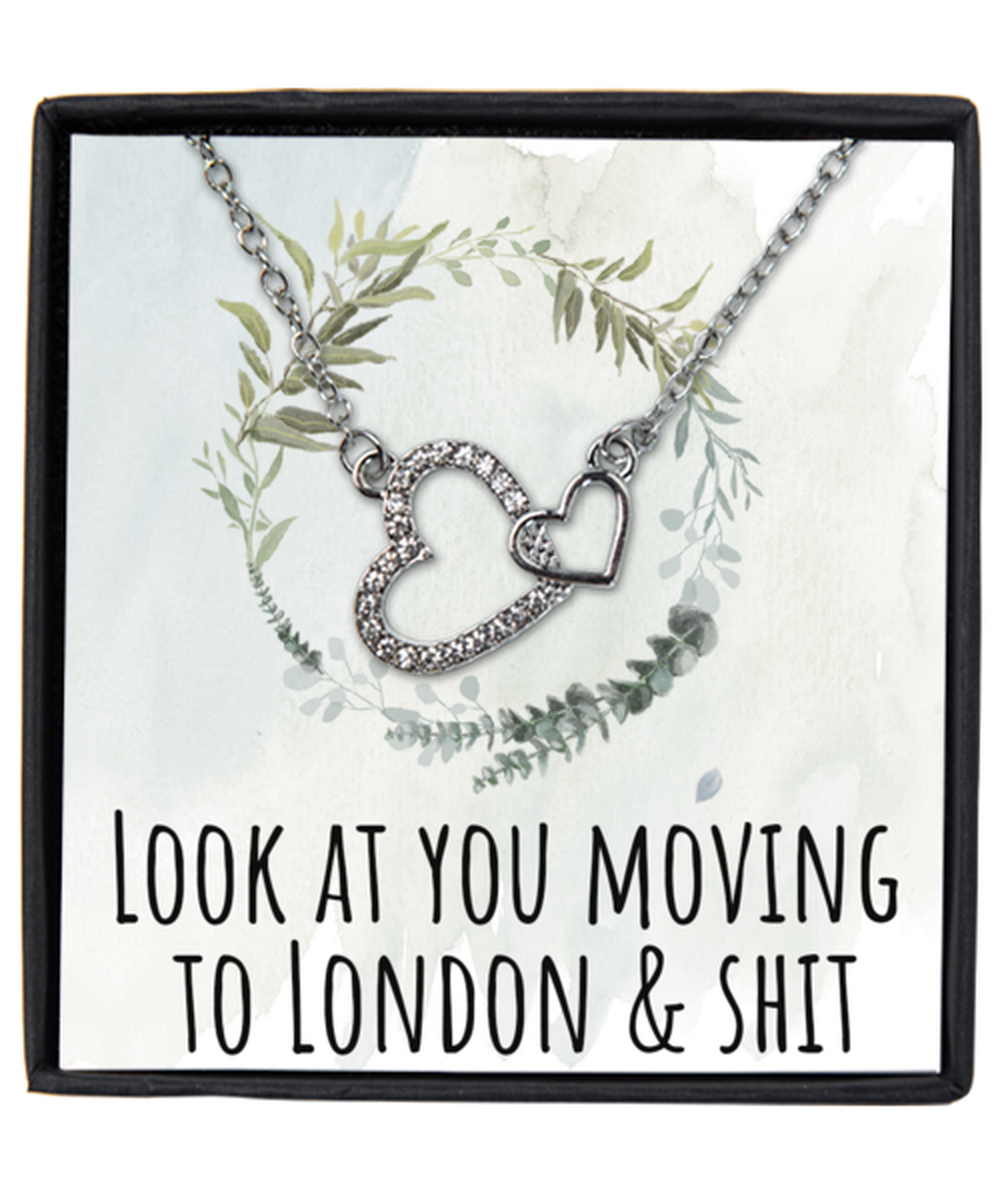 Moving to London United Kingdom UK England Moving Away Necklace Interlocking Heart Silver Pendant Jewelry Merch