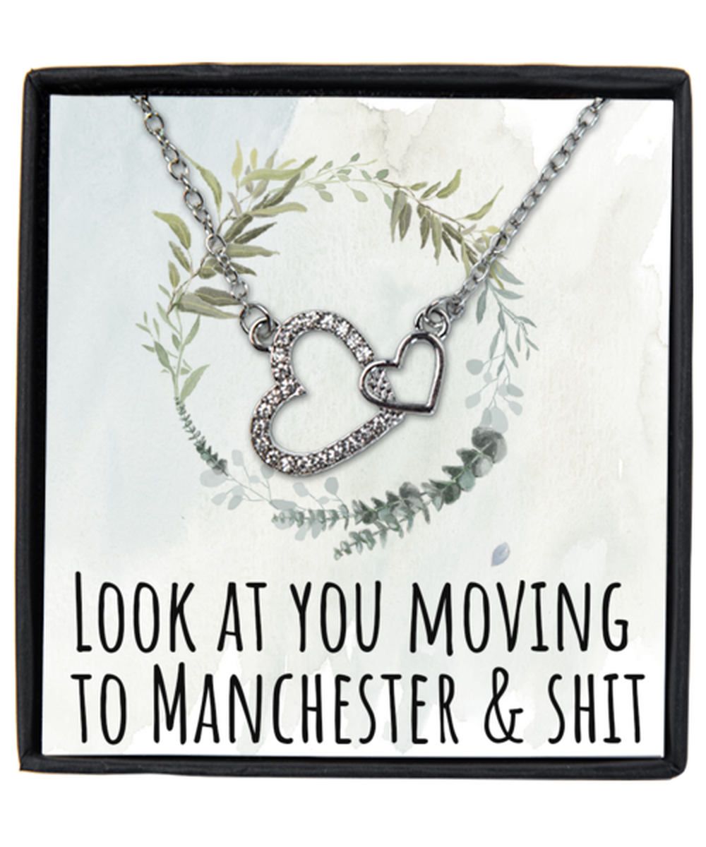 Moving to Manchester United Kingdom UK England Moving Away Necklace Interlocking Heart Silver Pendant Jewelry Merch