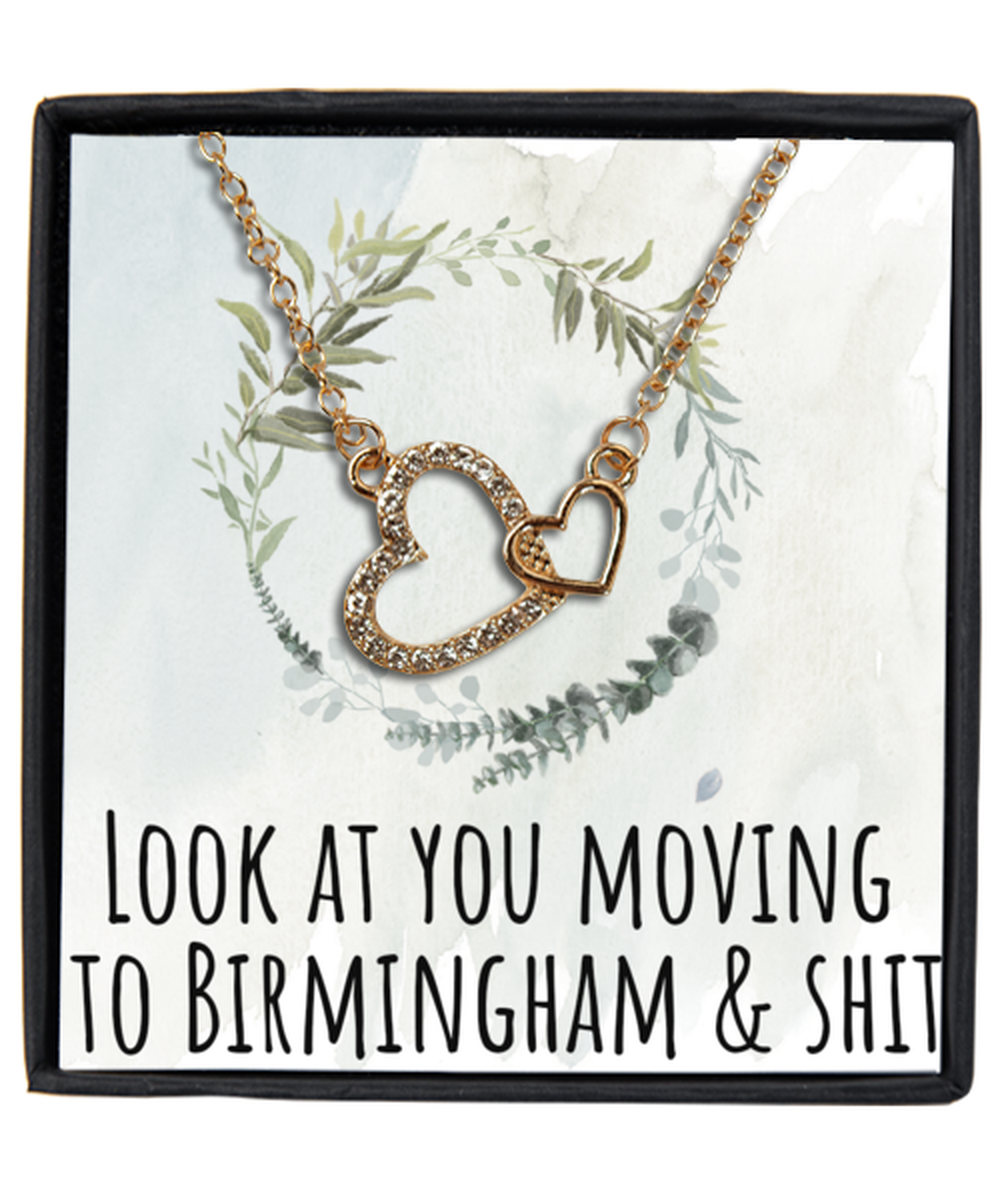 Moving to Birmingham United Kingdom UK England Moving Away Necklace Interlocking Heart Gold Pendant Jewelry Merch