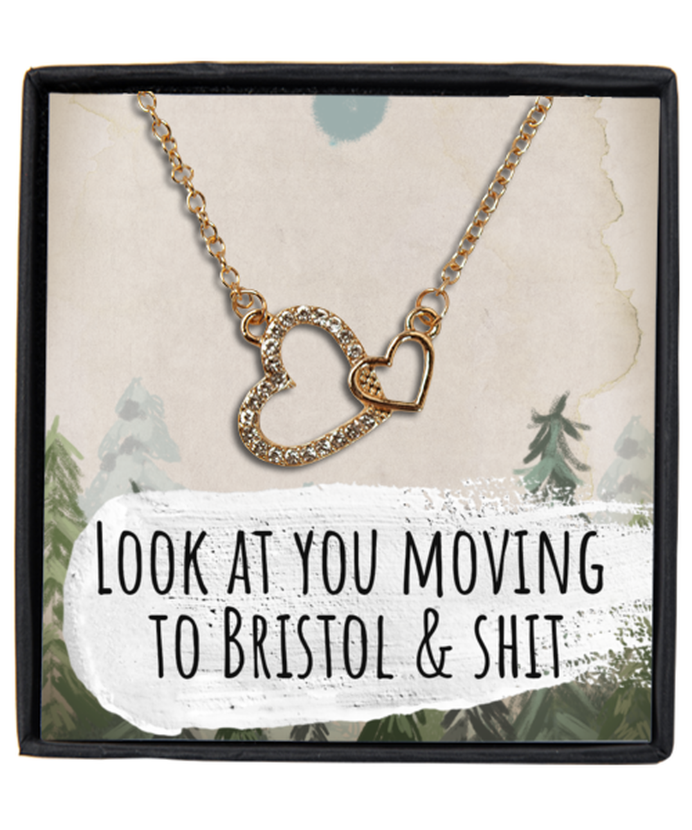 Moving to Bristol United Kingdom UK England Moving Away Necklace Interlocking Heart Gold Pendant Jewelry Merch