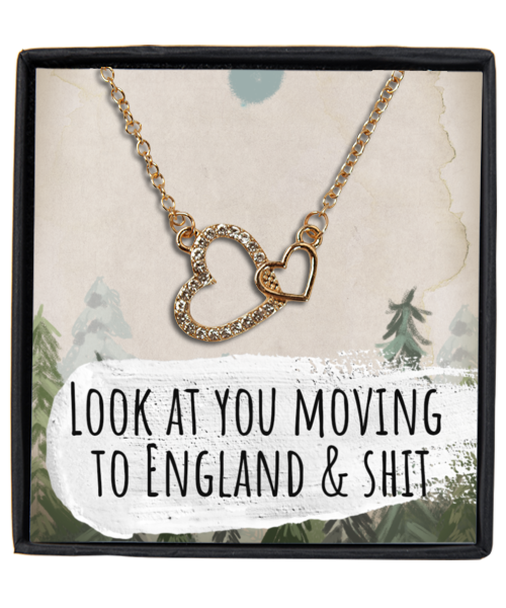 Moving to England United Kingdom UK Moving Away Necklace Interlocking Heart Gold Pendant Jewelry Merch