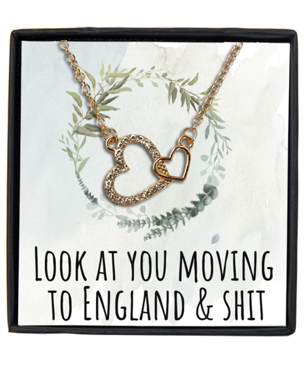 Moving to England United Kingdom UK Moving Away Necklace Interlocking Heart Gold Pendant Jewelry Merch