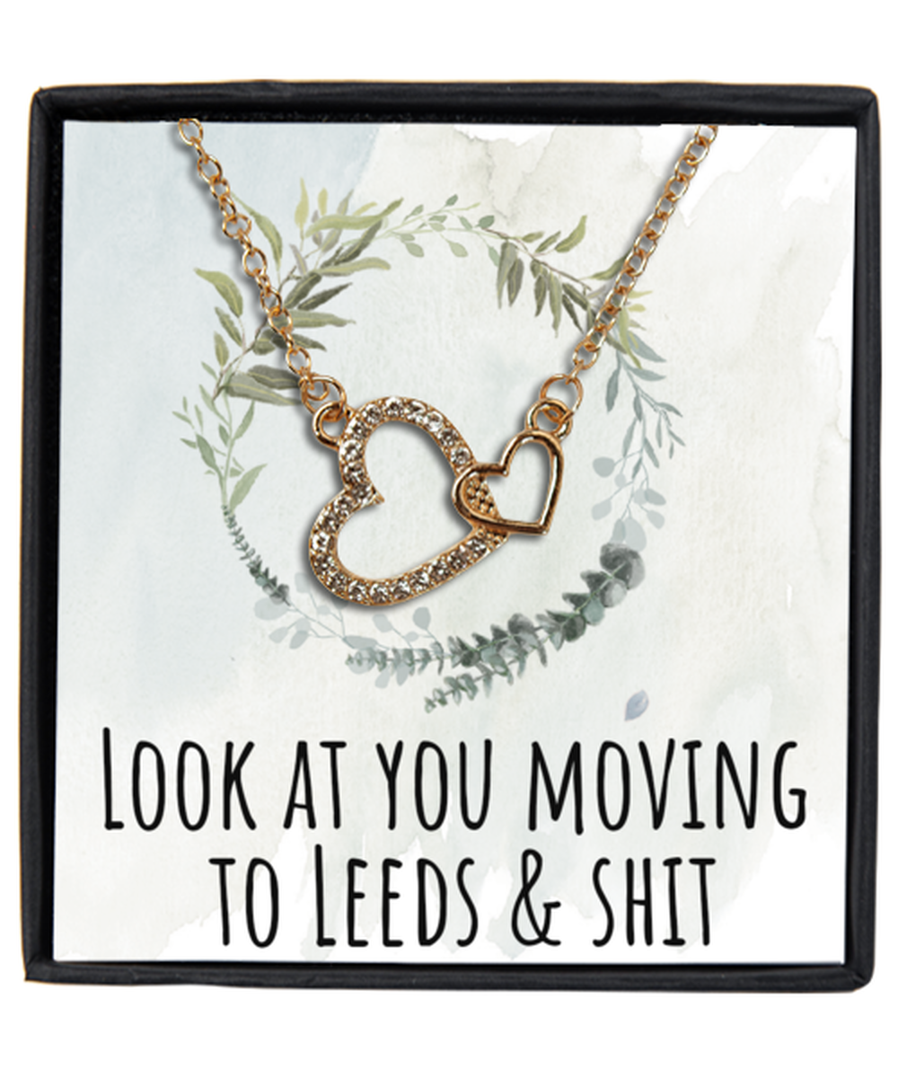 Moving to Leeds United Kingdom UK England Moving Away Necklace Interlocking Heart Gold Pendant Jewelry Merch