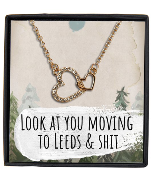 Moving to Leeds United Kingdom UK England Moving Away Necklace Interlocking Heart Gold Pendant Jewelry Merch