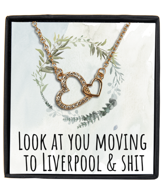 Moving to Liverpool United Kingdom UK England Moving Away Necklace Interlocking Heart Gold Pendant Jewelry Merch