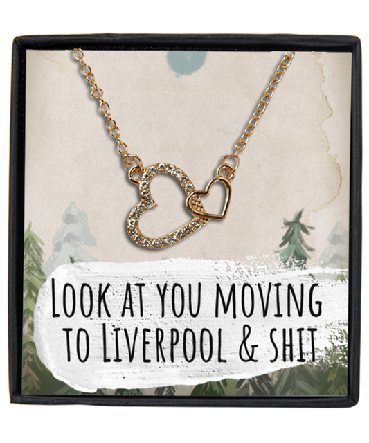 Moving to Liverpool United Kingdom UK England Moving Away Necklace Interlocking Heart Gold Pendant Jewelry Merch