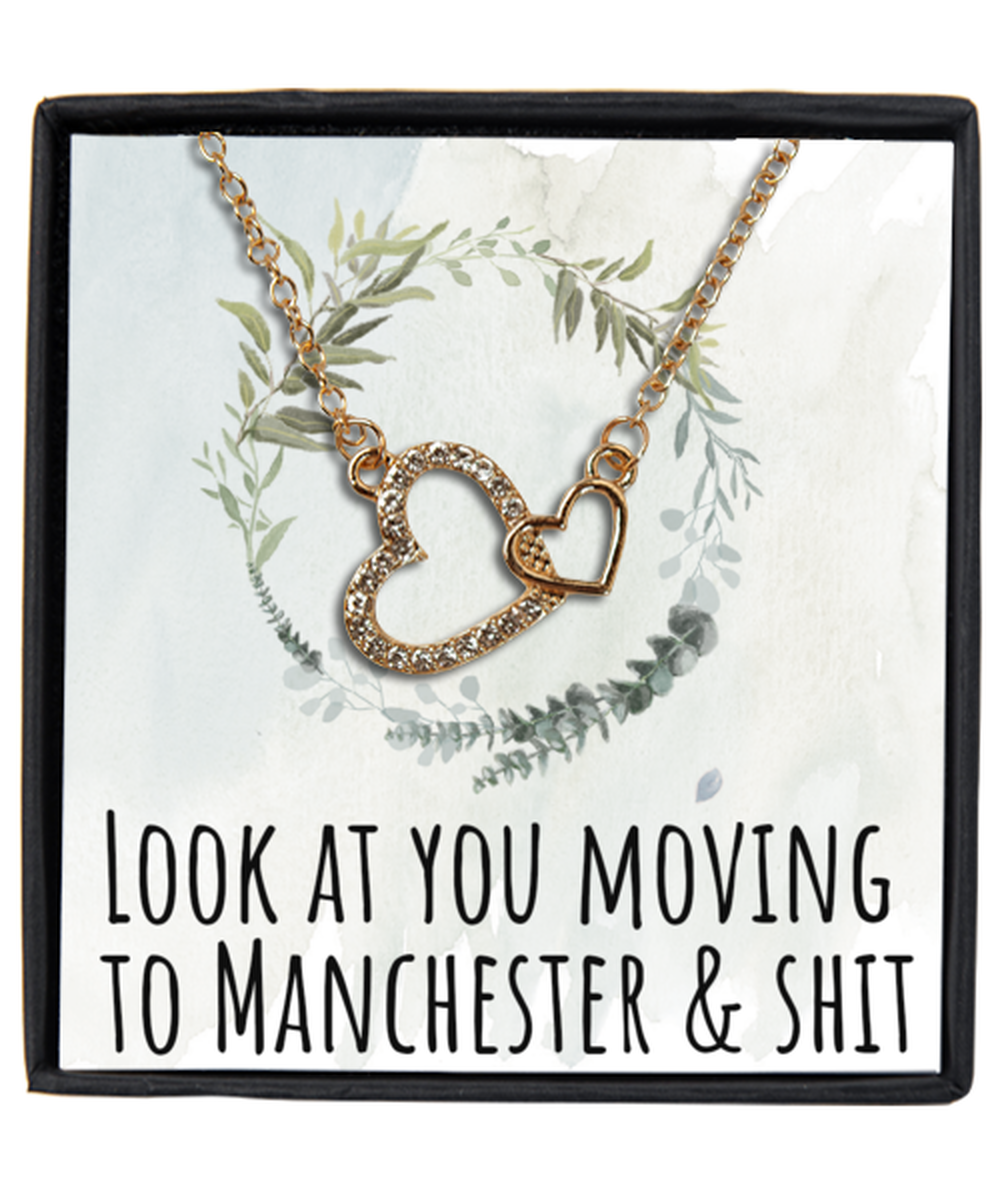 Moving to Manchester United Kingdom UK England Moving Away Necklace Interlocking Heart Gold Pendant Jewelry Merch