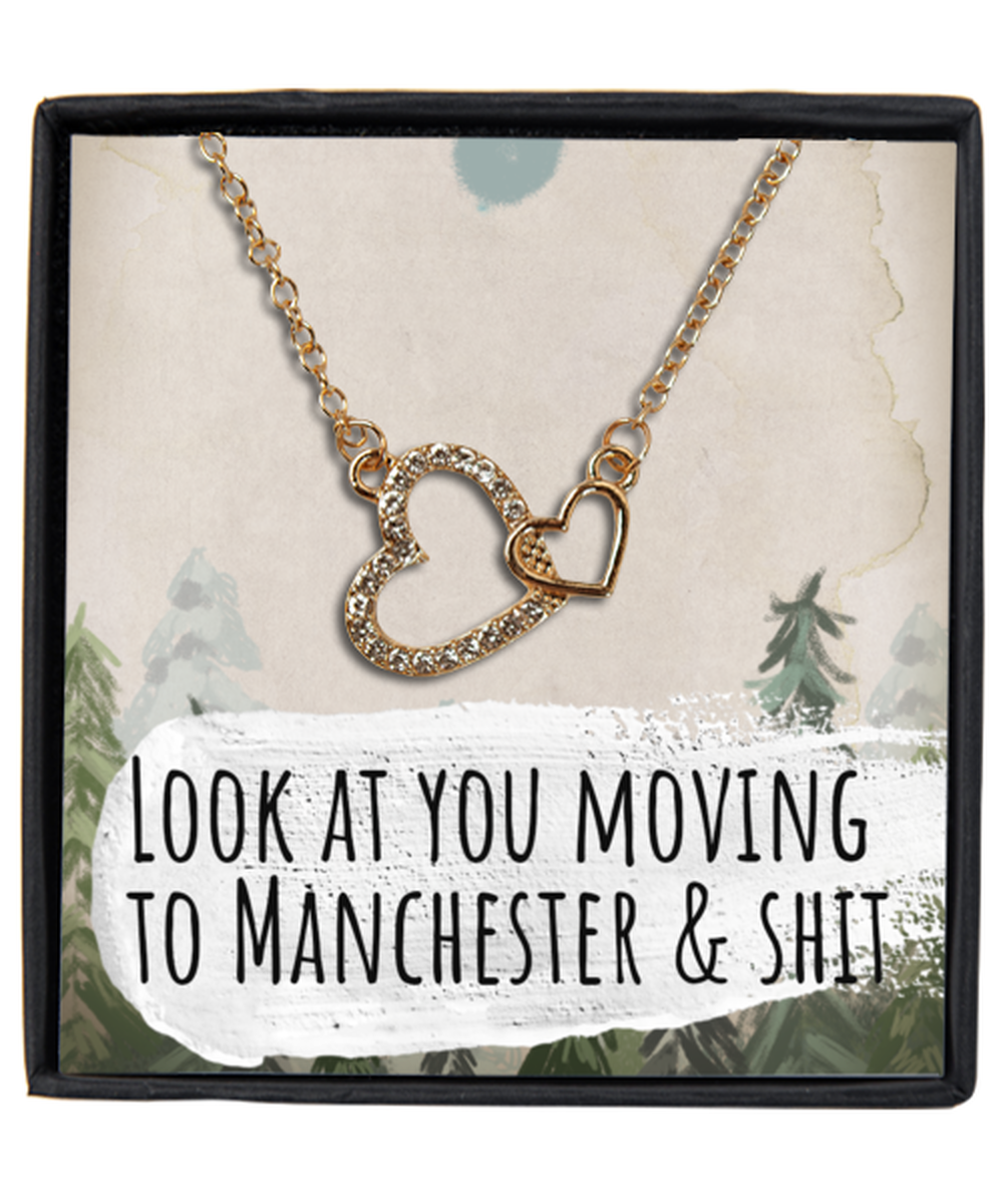 Moving to Manchester United Kingdom UK England Moving Away Necklace Interlocking Heart Gold Pendant Jewelry Merch