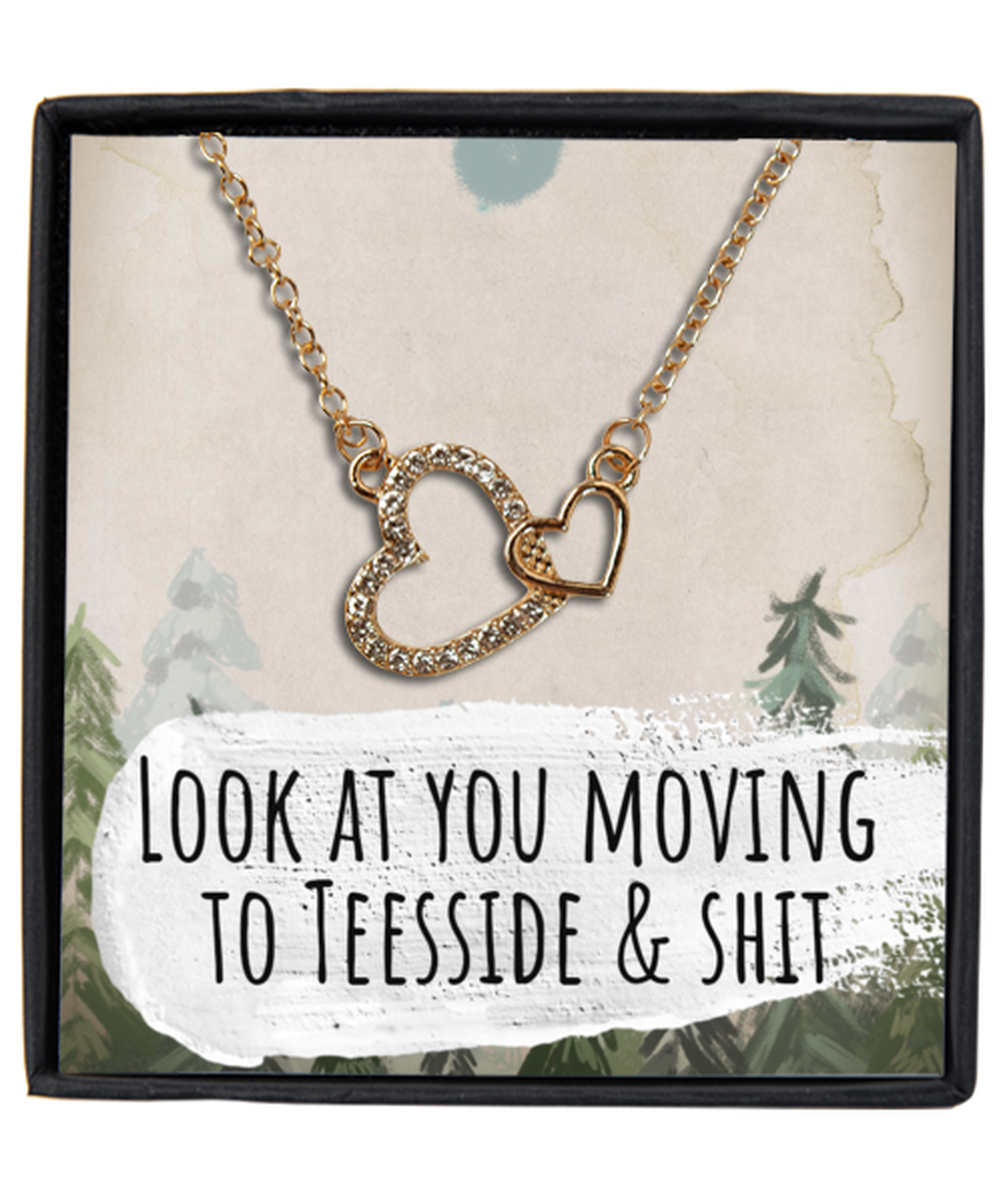 Moving to Teesside United Kingdom UK England Moving Away Necklace Interlocking Heart Gold Pendant Jewelry Merch