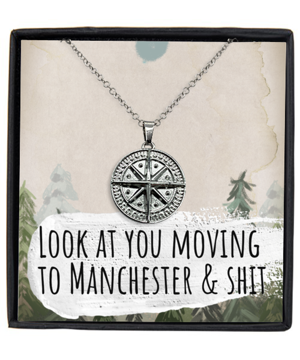 Moving to Manchester United Kingdom UK England Moving Away Necklace Compass Pendant Jewelry Merch