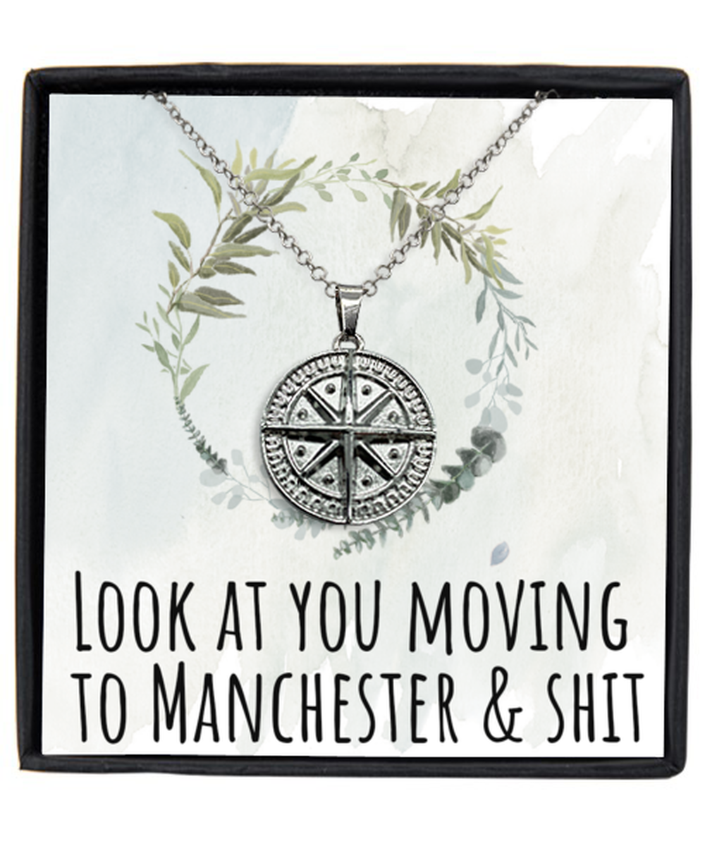 Moving to Manchester United Kingdom UK England Moving Away Necklace Compass Pendant Jewelry Merch