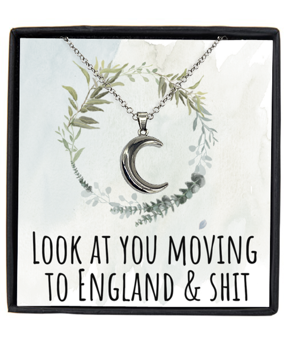 Moving to England United Kingdom UK Moving Away Necklace Crescent Moon Pendant Jewelry Merch