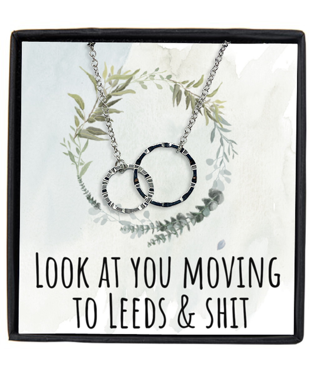 Moving to Leeds United Kingdom UK England Moving Away Necklace Interlocking Rings Pendant Jewelry Merch