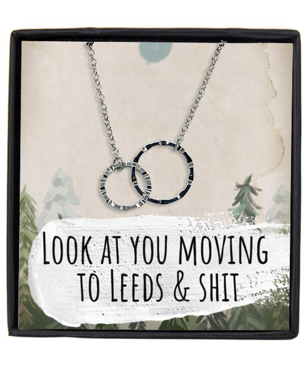 Moving to Leeds United Kingdom UK England Moving Away Necklace Interlocking Rings Pendant Jewelry Merch