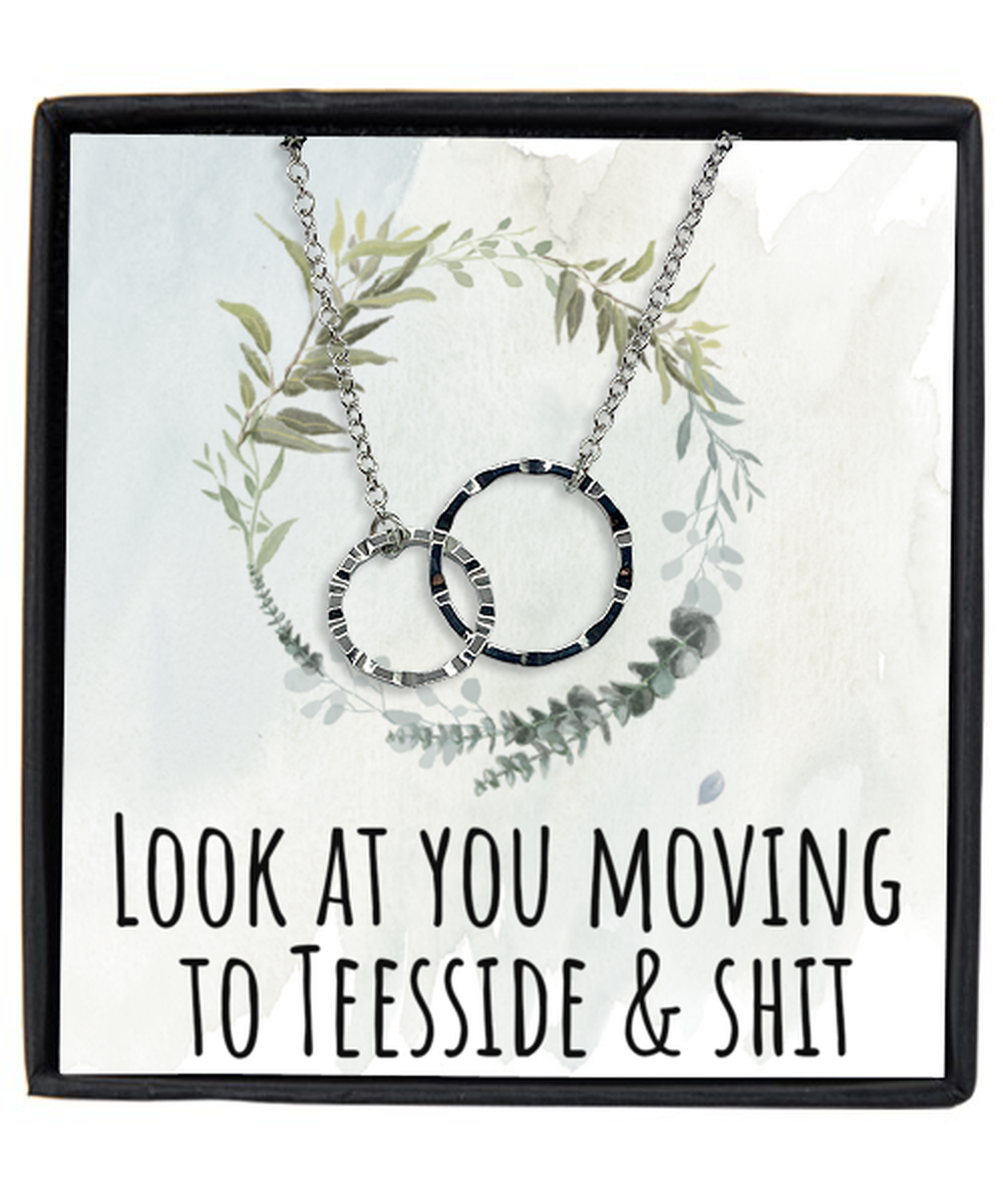 Moving to Teesside United Kingdom UK England Moving Away Necklace Interlocking Rings Pendant Jewelry Merch