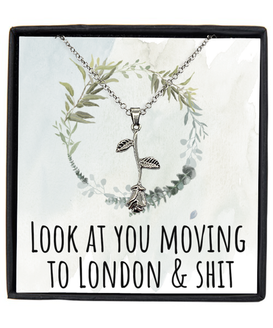 Moving to London United Kingdom UK England Moving Away Necklace Rose Pendant Jewelry Merch