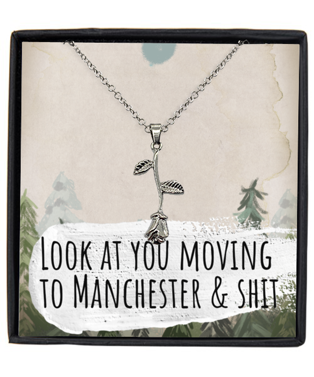 Moving to Manchester United Kingdom UK England Moving Away Necklace Rose Pendant Jewelry Merch