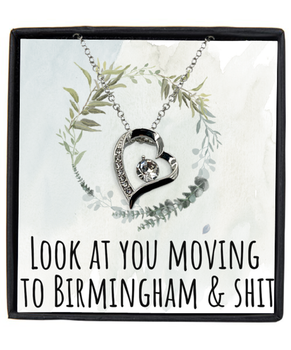 Moving to Birmingham United Kingdom UK England Moving Away Necklace Heart Silver Plated Pendant Jewelry Merch