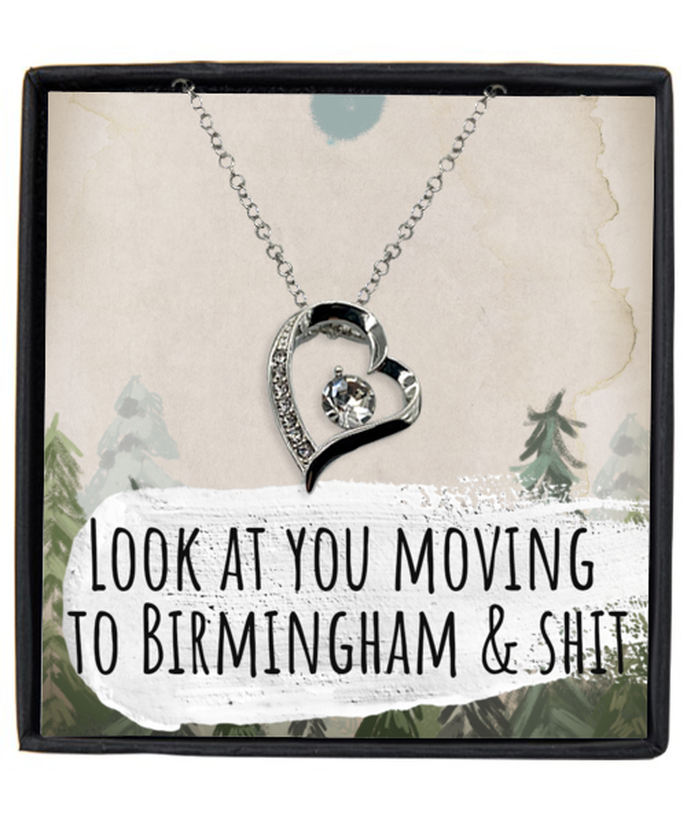 Moving to Birmingham United Kingdom UK England Moving Away Necklace Heart Silver Plated Pendant Jewelry Merch