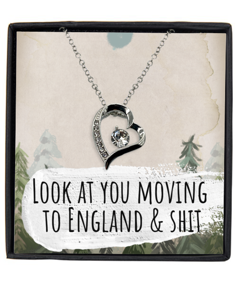 Moving to England United Kingdom UK Moving Away Necklace Heart Silver Plated Pendant Jewelry Merch