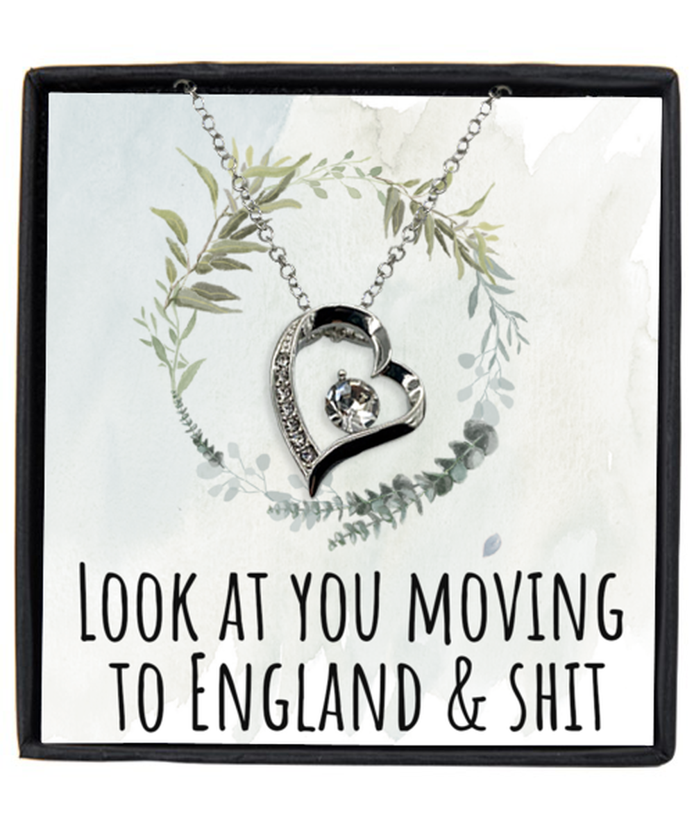 Moving to England United Kingdom UK Moving Away Necklace Heart Silver Plated Pendant Jewelry Merch