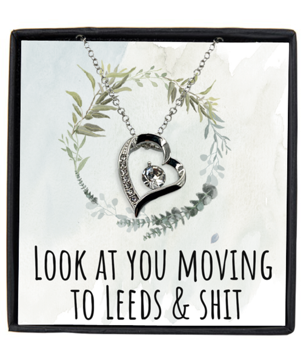 Moving to Leeds United Kingdom UK England Moving Away Necklace Heart Silver Plated Pendant Jewelry Merch