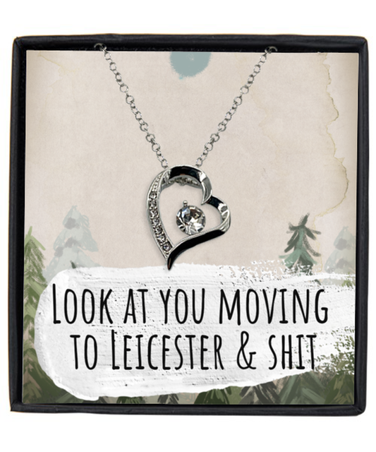 Moving to Leicester United Kingdom UK England Moving Away Necklace Heart Silver Plated Pendant Jewelry Merch