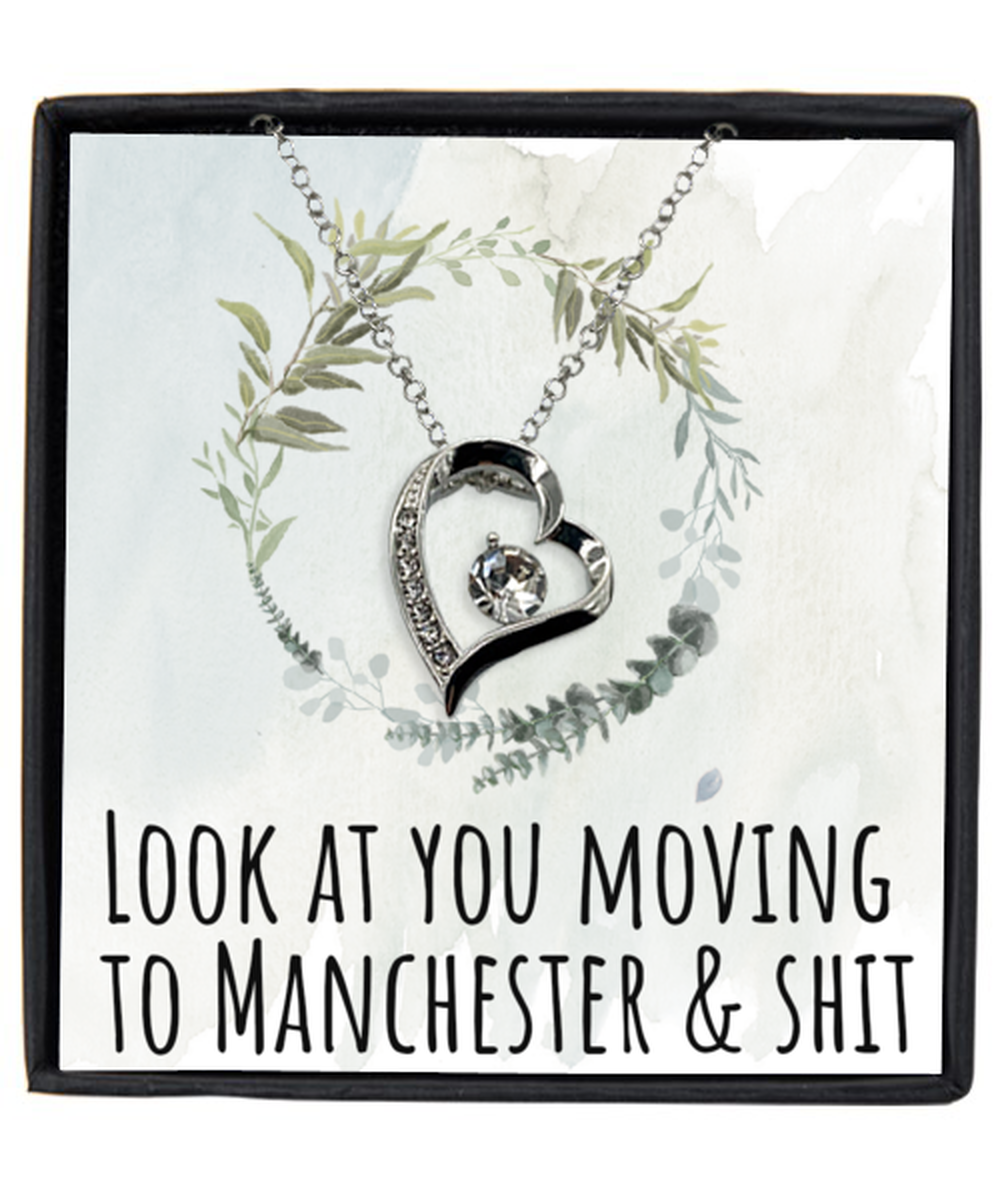 Moving to Manchester United Kingdom UK England Moving Away Necklace Heart Silver Plated Pendant Jewelry Merch